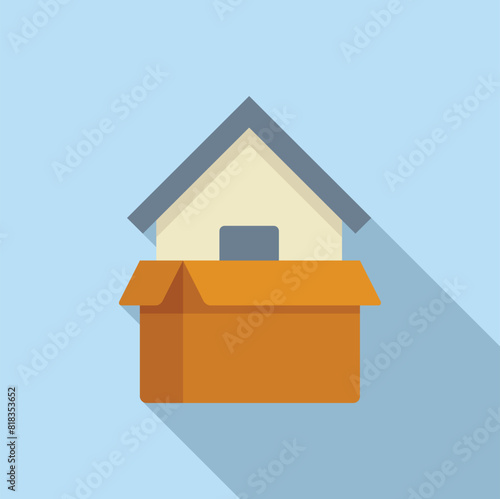 Conceptual vector graphic of a house appearing from an open cardboard box on a blue background