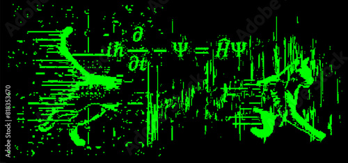Schrodinger cat and equation in pixel art retrofuturistic style. Conceptual vector illustration of  linear partial differential equation that governs the wave function of a quantum-mechan