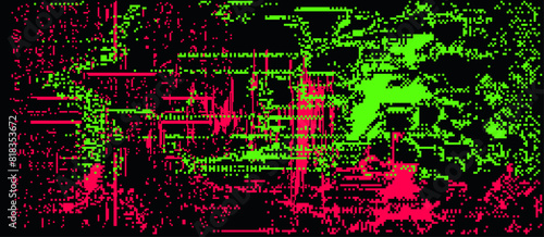 Dark background with distorted pattern of neon pixels. Vector illustration in 8-bit glitch art style.