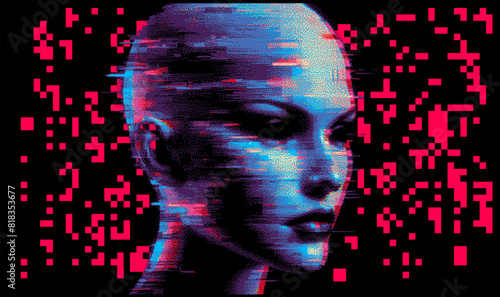 Silhouette of a 3D glitched human head. Conceptual image of AI (artificial intelligence) and VR (virtual reality). Futuristic 8-bit style vector illustration.