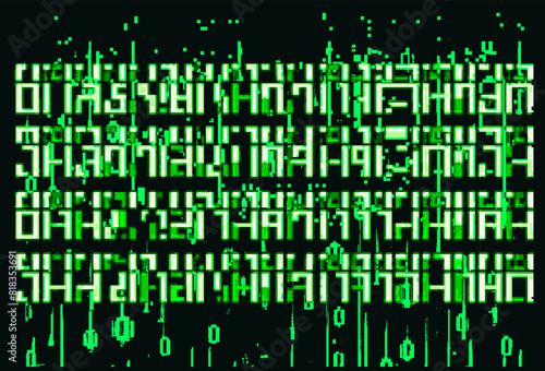 Distorted collapsing green pixel mosaic on a dark background. Vector illustration in 8-bit glitch art style.
