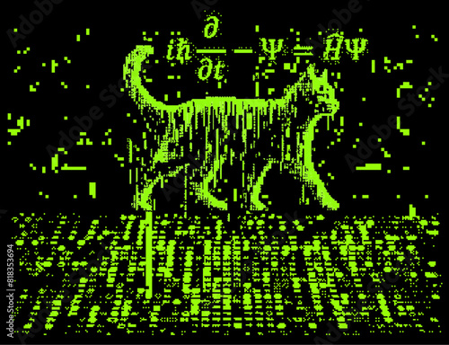 Schrodinger cat and equation in pixel art retrofuturistic style. Conceptual vector illustration of  linear partial differential equation that governs the wave function of a quantum-mechan
