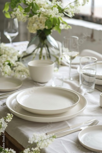 Elegant White Dinnerware Set on a Beautifully Decorated Dining Table with Fresh Flowers