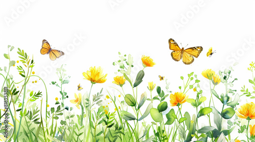 Summer meadow with yellow flowers  green leaves and plants. Flying butterflies. Watercolor illustration.