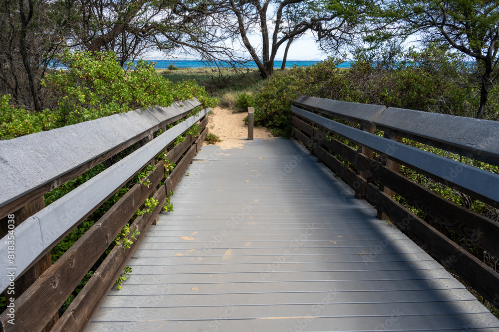Manufactured wood Kealia Coastal Boardwalk, National Wildlife Refuge, handicap accessible exploration in nature, Maui, Hawaii
