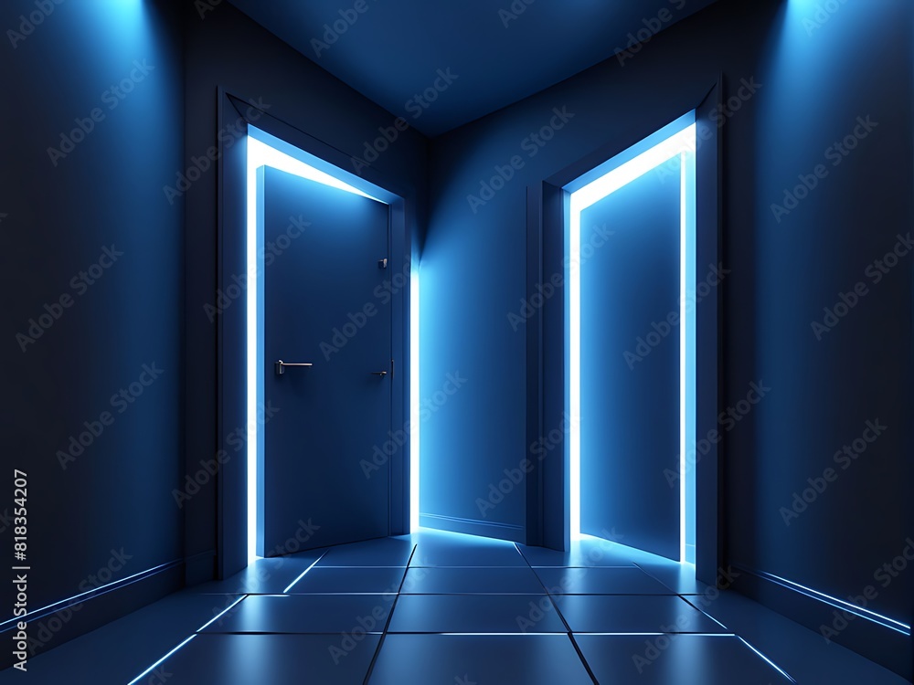 3d render, abstract blue geometric background design. Bright light goes through the door portal inside the empty dark room design. 3d render, abstract blue geometric background design. Bright light goes through the door portal inside the empty dark room design.