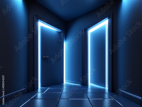  3d render, abstract blue geometric background design. Bright light goes through the door portal inside the empty dark room design.  © Five Million Stocks