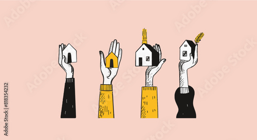 Hands holding up different small houses. real estate hand drawn style illustration