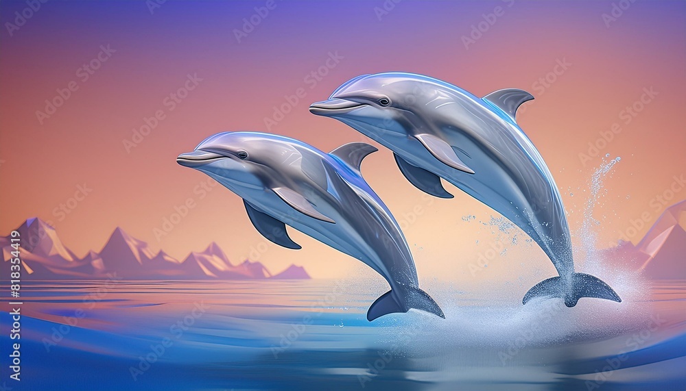 Fototapeta premium A pair of dolphins leaping out of the water against a gradient blue background