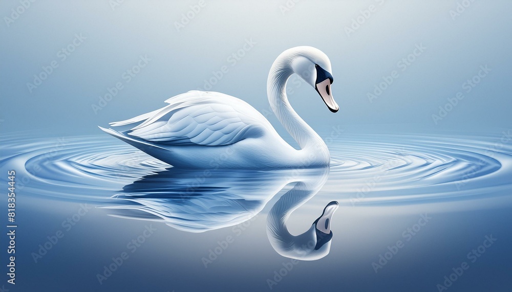 Obraz premium swan on the water. A swan gliding on a calm lake with a uniform pale blue background, reflecting elegance