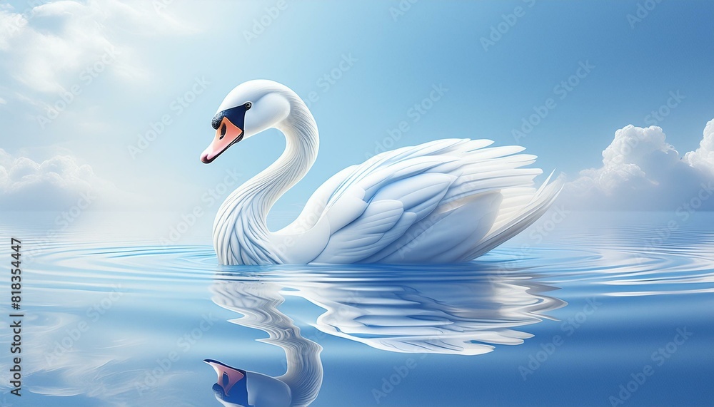 Fototapeta premium swan on the water. A swan gliding on a calm lake with a uniform pale blue background, reflecting elegance