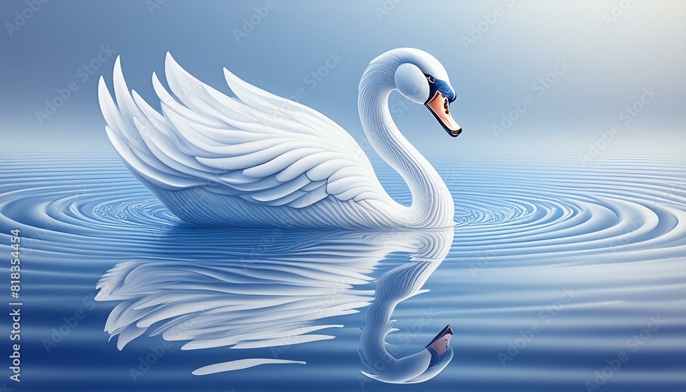 Fototapeta premium swan on the water. A swan gliding on a calm lake with a uniform pale blue background, reflecting elegance