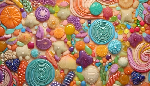  A detailed mosaic made of various candies like gummy bears, licorice, and jellybeans, 