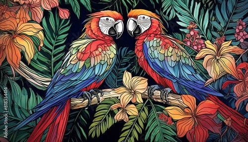 pattern with parrot. A pair of vibrant macaws sitting on a tropical tree branch  with lush green foliage 