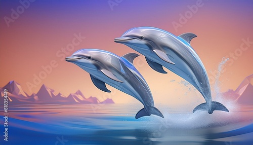  A pair of dolphins leaping out of the water against a gradient blue background