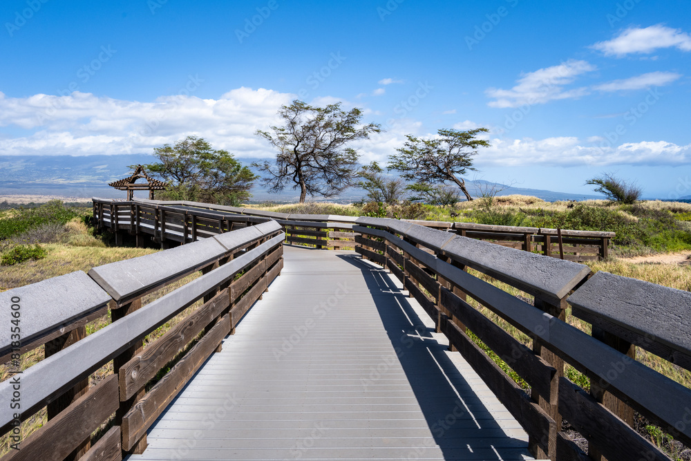 Manufactured wood Kealia Coastal Boardwalk, National Wildlife Refuge, handicap accessible exploration in nature, Maui, Hawaii
