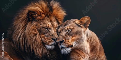 A couple of lions, one lion and one lioness, sitting closely together in a photorealism style.