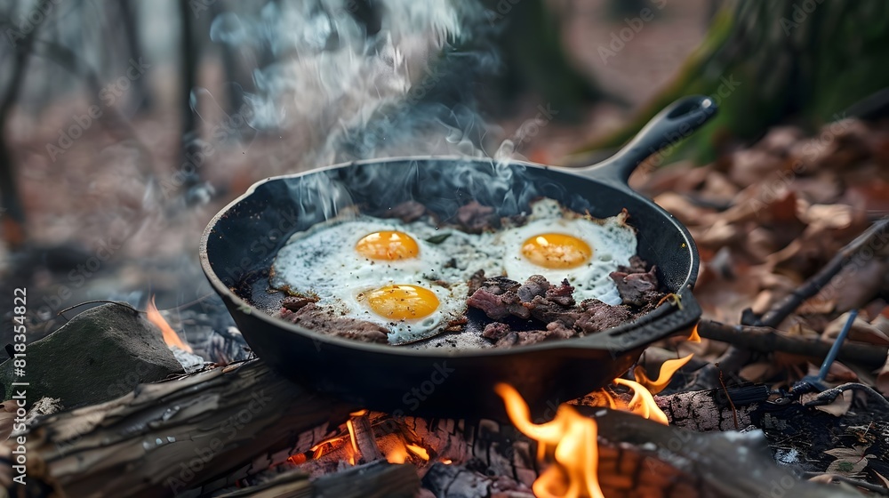 Cooking Steak and Eggs Outdoors On A Cast Iron Skillet On An Open Fire In The Woods (Generative AI) Cooking Steak and Eggs Outdoors On A Cast Iron Skillet On An Open Fire In The Woods (Generative AI)