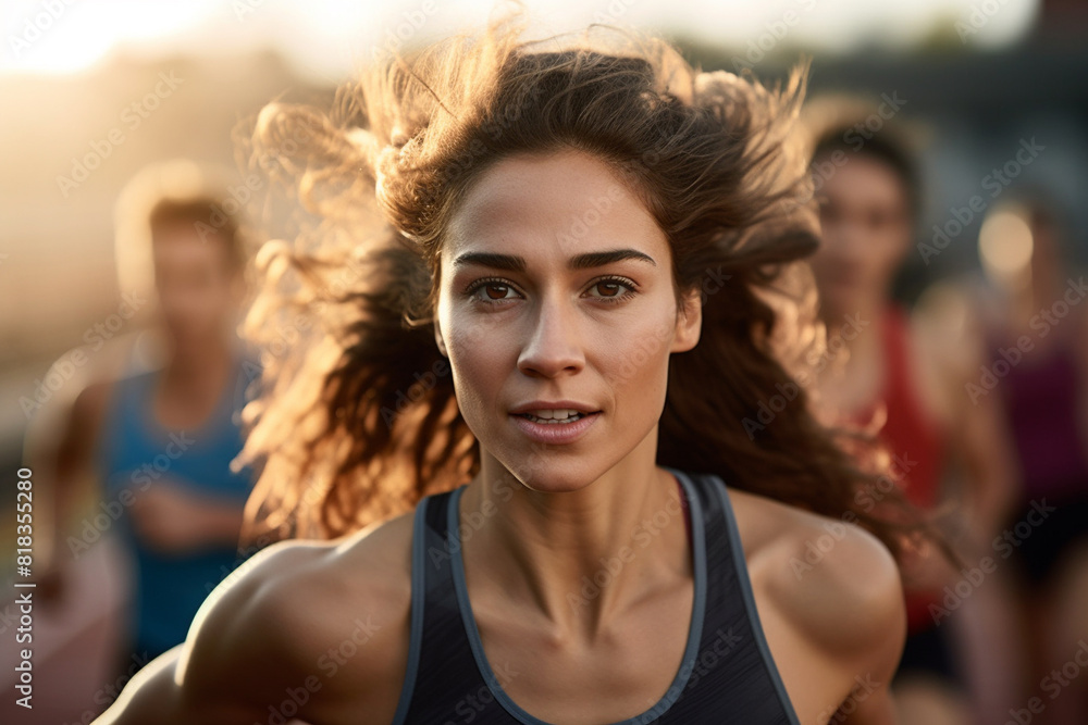 Naklejka premium Young Athelete Girl Running race on a track Marathon runner happy winner face celebration