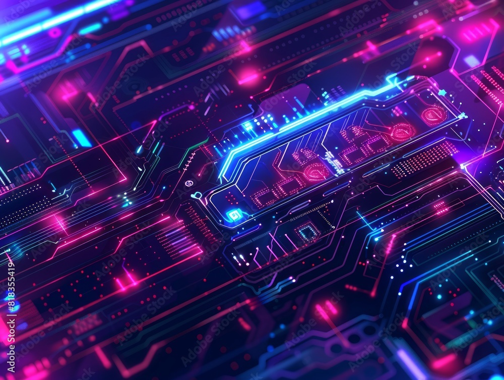 Obraz premium Neon futuristic technology background, Electronics computer board abstract background. Generative AI illustration