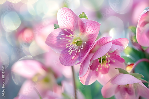 Pink hellebore flowering in spring garden. Close up of blooming plant