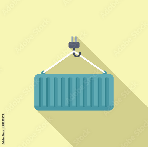 Vector illustration of a blue shipping container suspended from a hook, with a shadow, on a yellow backdrop