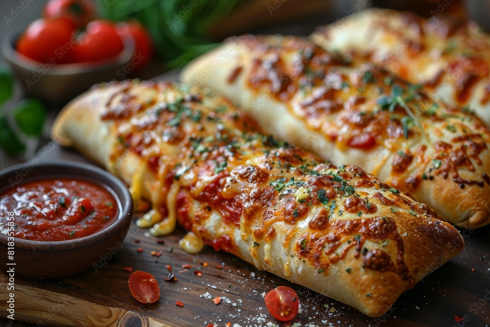 Calzone: A folded pizza with a golden crust, oozing with cheese and various fillings, with a side of marinara sauce. Calzone: A folded pizza with a golden crust, oozing with cheese and various fillings, with a side of marinara sauce.