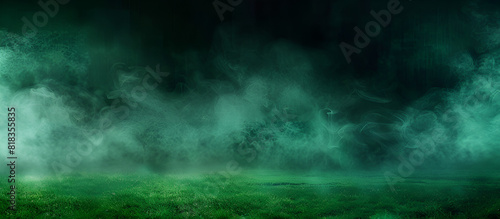 Panoramic view of a green abstract fog mist on plain black background. A man standing in a field, holding a frisbee. Perfect for outdoor recreation and sports-themed designs. 