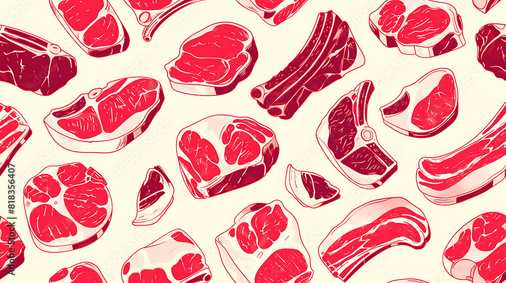 Flat Design Meat Icon Background cartoon style - Seamless tile. Endless and repeat print. Flat Design Meat Icon Background cartoon style - Seamless tile. Endless and repeat print.