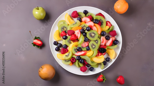 Top view of fruit salad on plate, background, Generative AI