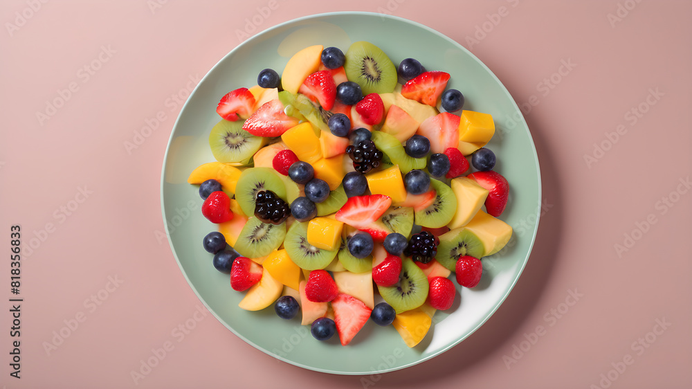 Top view of fruit salad on plate, background, Generative AI Top view of fruit salad on plate, background, Generative AI