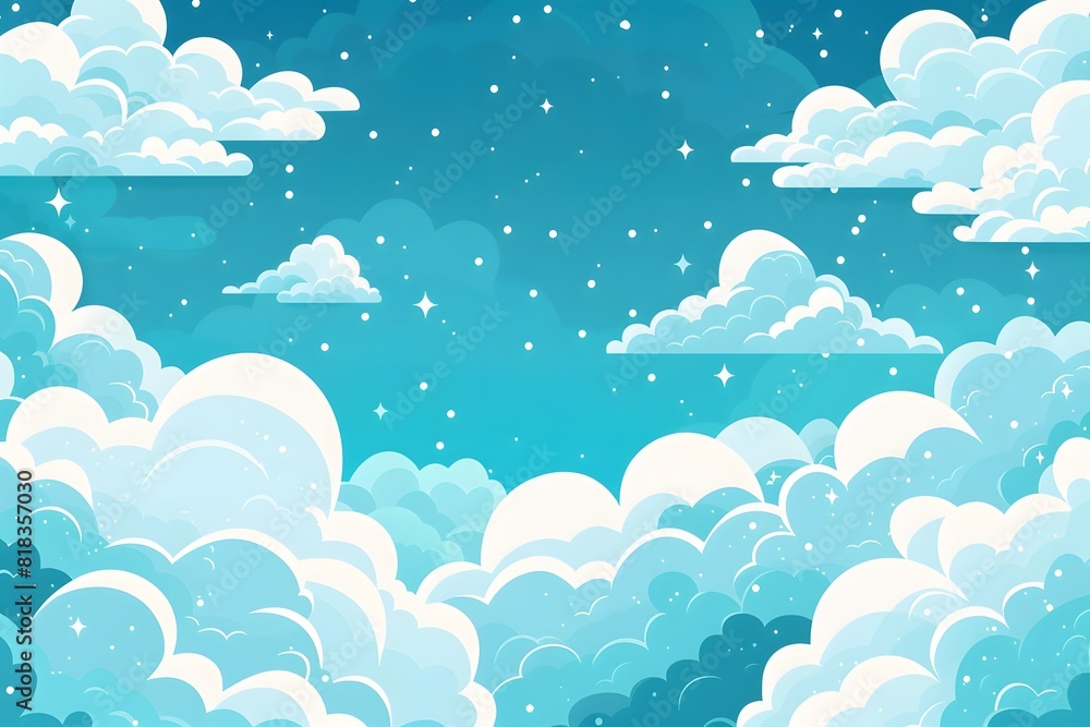 Dreamy blue sky filled with fluffy white clouds and sparkling stars in a cartoon style Dreamy blue sky filled with fluffy white clouds and sparkling stars in a cartoon style