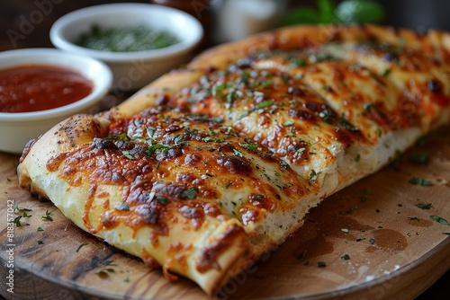 Calzone  A folded pizza with a golden crust  oozing with cheese and various fillings  with a side of marinara sauce.