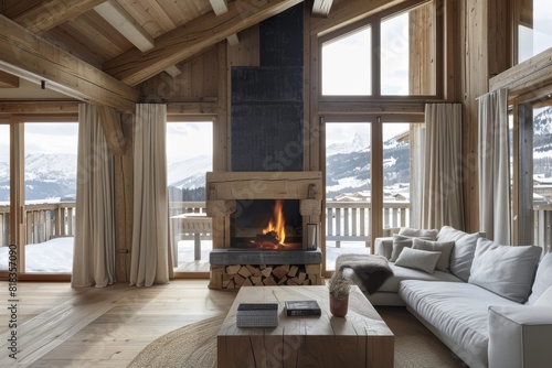 Luxurious cabin interior bedroom design with rustic accents and a roaring fireplace with winter scenic background. Photo realistic 3d model scene. 3d rendering. High quality photo