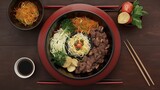 Traditional Korean dish bibimbap with fried agg, beef and vegetables.  AI generative 