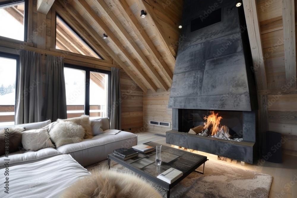 Luxurious cabin interior bedroom design with rustic accents and a roaring fireplace with winter scenic background. Photo realistic 3d model scene. 3d rendering. High quality photo