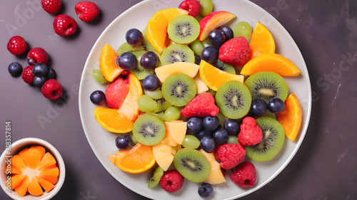 Top view of fruit salad on plate  background  Generative AI