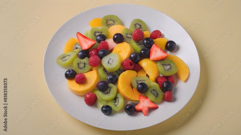 Top view of fruit salad on plate, background, Generative AI Top view of fruit salad on plate, background, Generative AI