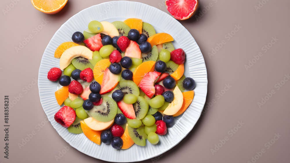 Top view of fruit salad on plate, background, Generative AI Top view of fruit salad on plate, background, Generative AI