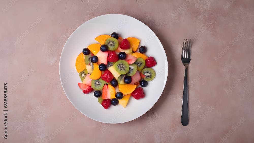 Top view of fruit salad on plate, background, Generative AI Top view of fruit salad on plate, background, Generative AI