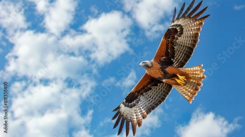 Bird of prey. Hunting bird. White clouds and blue sky background.