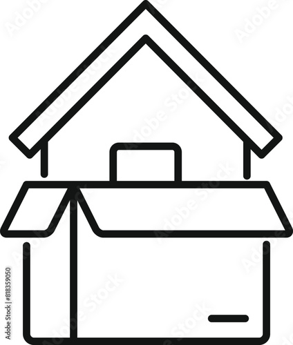 Minimalist moving home line icon on white background symbolizing relocation, real estate, packing, unpacking, and household change. Ideal for real estate, logistics, and moving services concept
