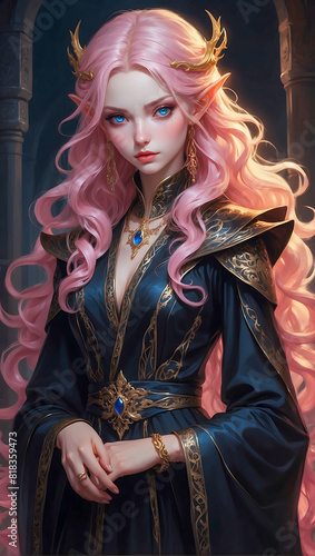 High detailed portrait illustration of a female elf sorcerer with glowing blue eyes wearing a dark robe