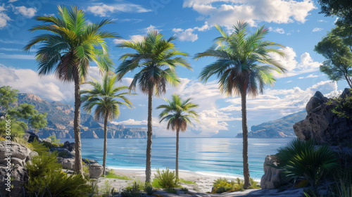 A beautiful tropical beach with palm trees and a clear blue ocean