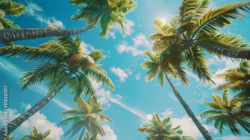 A tropical scene with palm trees and a clear blue sky