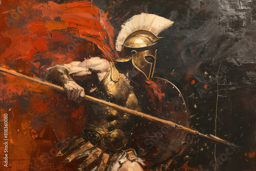 Fierce Spartan Warrior Charging Into Battle With Spear at Dusk © Boyan Dimitrov