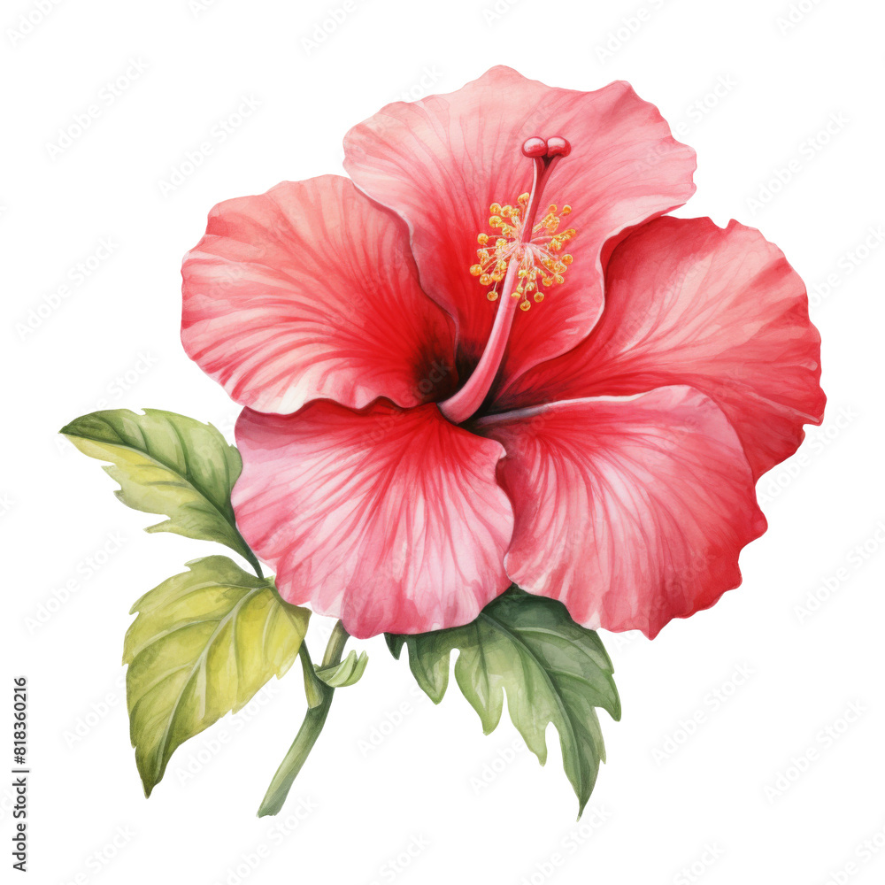 Red Hibiscus, Tropical Flower Illustration. Watercolor Style. AI Generated