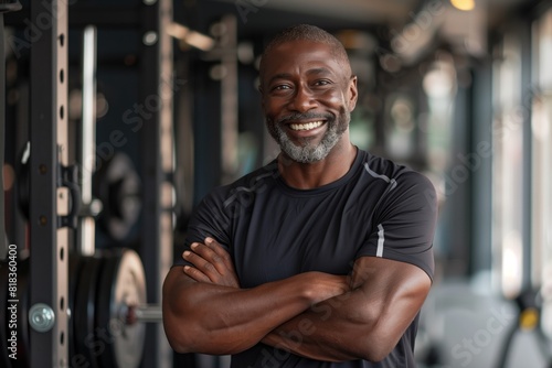 African American sports coach standing in front of gym equipment.