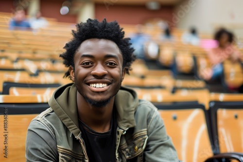 Portrait of a happy Afroican American university student sitting in a college lecture hall