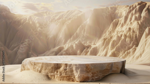 A large rock sits on a sandy surface in front of a mountain range